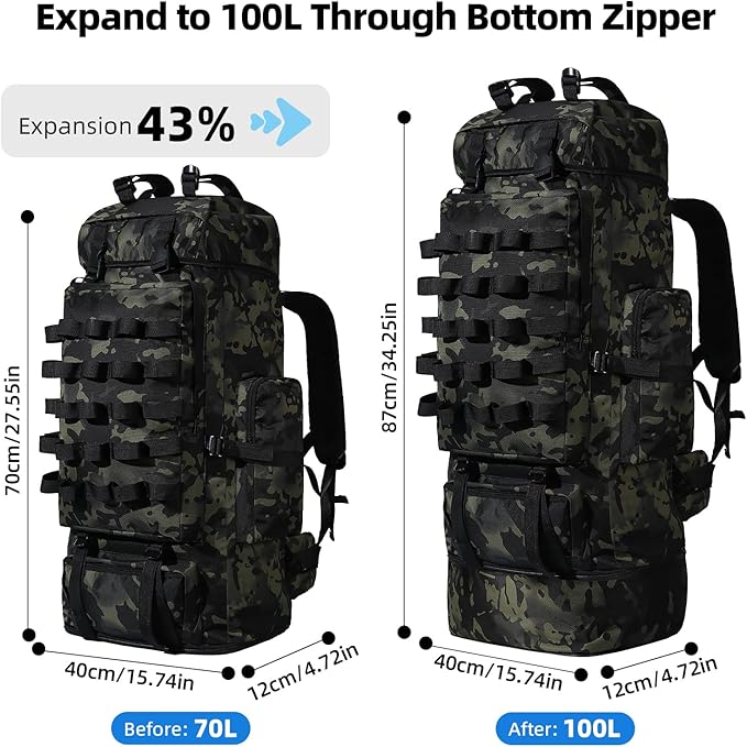 70L/100L Camping Hiking Backpack with Rain Cover, Expandable Large Military Tactical Backpack, Waterproof Molle Racksack Travel Backpacking Daypack for Climbing Trekking (Black CP)