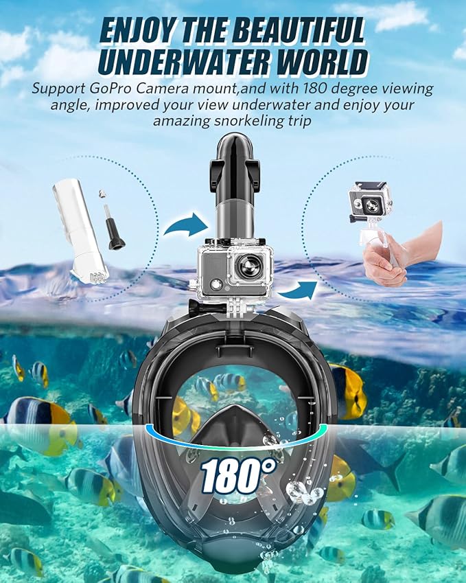 QingSong Full Face Snorkel Mask for Adults, Snorkeling Gear with Camera Mount, 180 Degree Panoramic View Snorkel Set Anti-Fog Anti-Leak