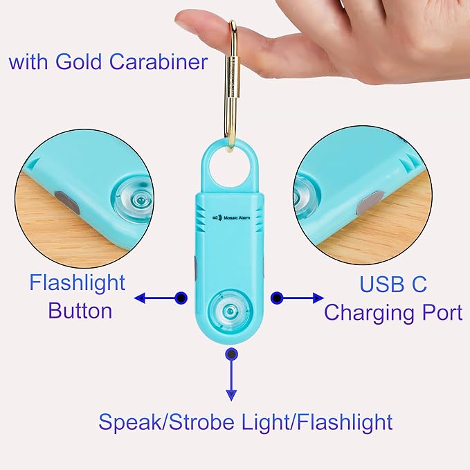 135dB Rechargeable Mutual SOS Paging Personal Alarm Non Slip Grip Keychain Siren for Women. Built-in Ultra-Bright Flashlight. Emergency Alerts Loud Sound Hiking Bear Alarm. Aqua