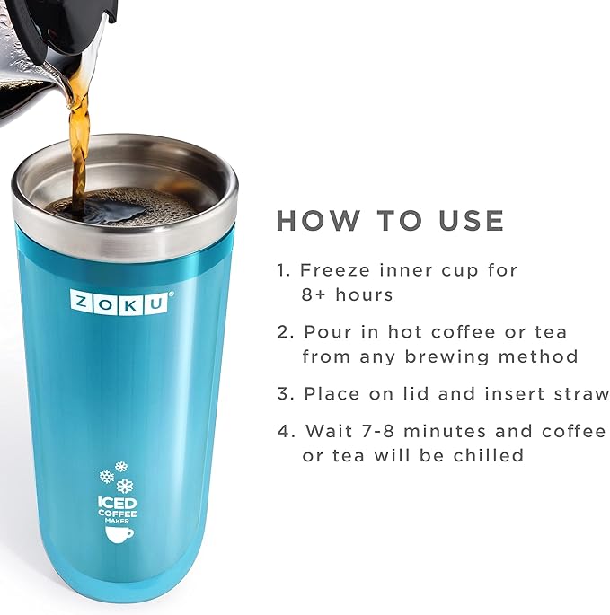 Zoku Instant Iced Coffee Maker, Reusable Beverage Chiller Cools Hot Beverages in Minutes Without Dilution, Portable 11-ounce Tumbler With Spill-resistant Lid and Straw, Teal