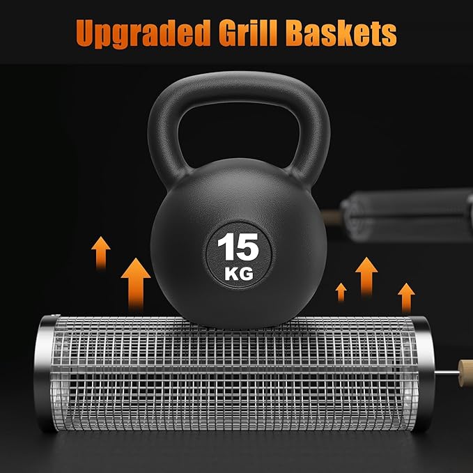 Rolling Grilling Baskets for Outdoor Grill, 2 Pcs BBQ Grill Basket, Stainless Steel Barbeque Grill accessories set, Camping Picnic Cooking Tools for Vegetable/Shrimp/Chicken, Gifts for Men Dad Husband