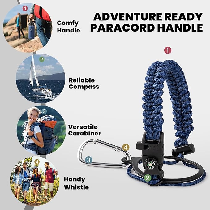 Insulated Water Bottle 32 oz, Triple Wall Vacuum Stainless Steel (Cold for 48 Hrs), Leak Proof & Non-BPA, Modern Water Flask Jug with Paracord Handle & Straw Spout Lids, Navy Blue