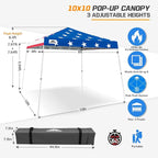 EAGLE PEAK 10x10 Slant Leg Pop-up Canopy Tent Easy One Person Setup Instant Outdoor Beach Canopy Folding Portable Sports Shelter 10x10 Base 8x8 Top (American Flag)