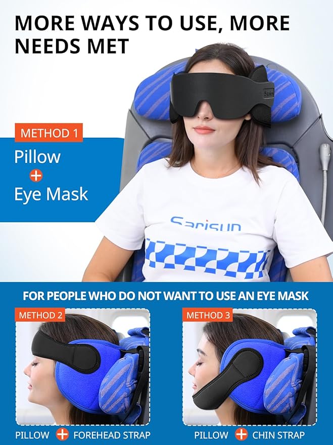 SARISUN Airplane Pillow Combo with Chin Strap, Travel Pillows for Airplanes with Sleep Eye Mask, Plane Pillow for Long Flights, Car Road Trip, 360° Headrest, Stop Bobblehead, Black