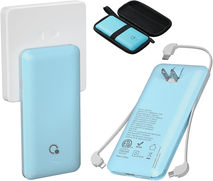 Q 10000mAh Power Bank, Slim Portable Charger,4 Output External Battery Pack with Built-in AC Wall Plug Micro USB C 3 Cables Compatible with iPhone Samsung Android Phone Tablet and More