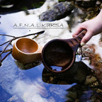 Kuksa Camping Mug Wooden Bushcraft Handcarved Cup, Nordic Style Coffee & Hiking Kuksa, Rubber Wood with Double Hole & Engraved Pattern, 7.1 oz., 6.3" x 3.8" x 2.6"
