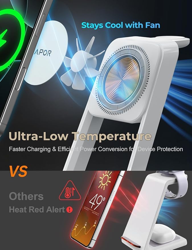 3 in 1 Charging Station for iPhone, Magsafe Wireless Charger with Cooling Fan for iPhone 16 15 14 13 12 Series & Apple Watch Charger 10/Ultra 2, Wireless Charging Station for AirPods 4/3/Pro