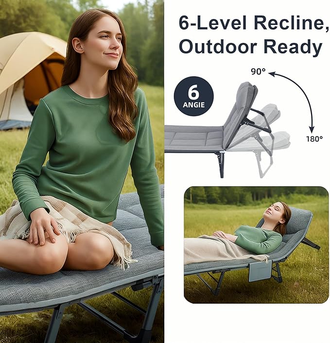 Chaise Lounge Chair, Folding Cot, 6-Angle Adjustable Camping Cot with Mattress for Patio and Beach, Foldable Bed Portable Heavy Duty Lay Flat Reclining with Pillow (Gray, M - 70'')