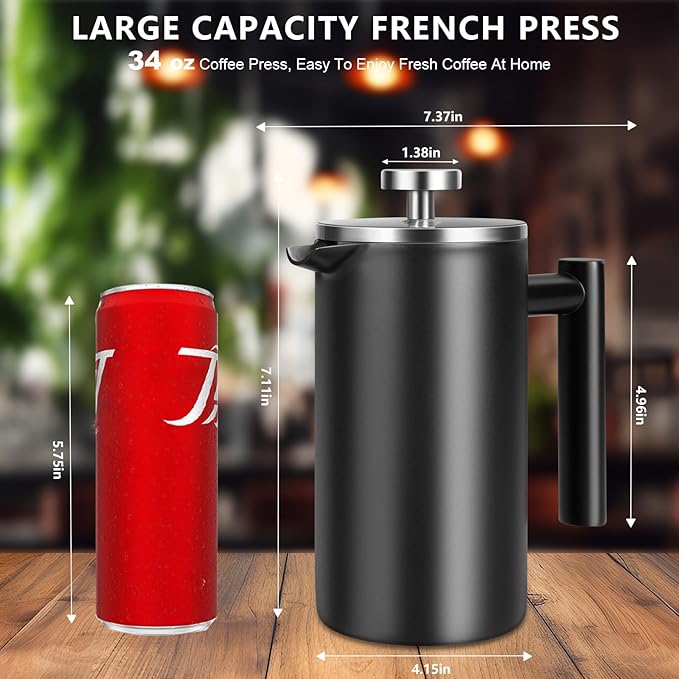 SZHETEFU 34 OZ Large French Press, Premium Stainless Steel Sturdy Insulated French Press Coffee Maker, 4-8 Cups French Coffee Press, Tea Presses for Home Kitchen Caming Loose Tea, Elegant Black