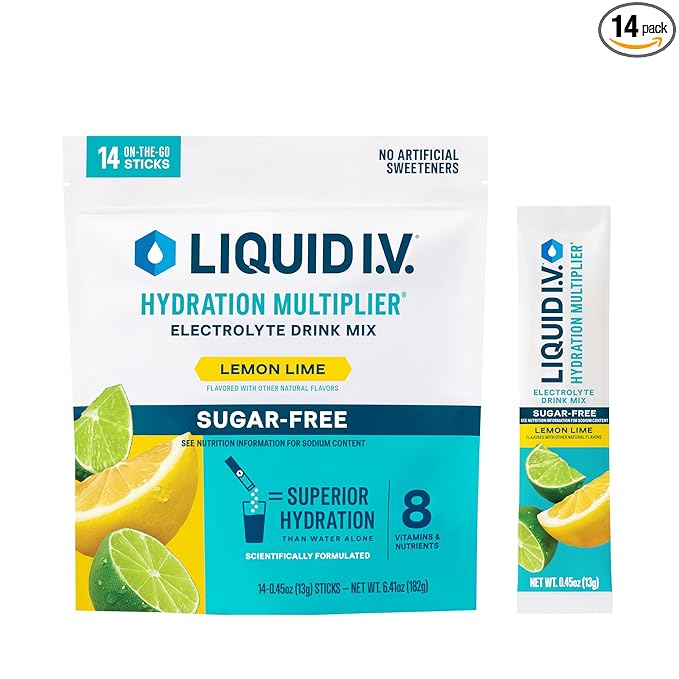 Liquid I.V. Sugar-Free Hydration Multiplier - Lemon Lime – Hydration Powder Packets | Electrolyte Powder Drink Mix | Easy Open Single-Serving Sticks | Non-GMO | 1 Pack (14 Servings)