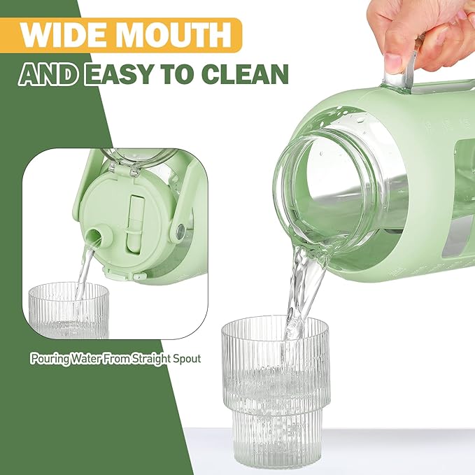 BLUEGO Water Bottle 64 oz Tumbler with Lid and Straw, Glass Water Bottle with Straw, Water Tumbler with Handle Half Gallon Water Jug Large Waterbottle for Daily Water Intake, BPA Free, Light Green