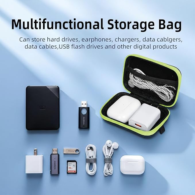 Earbud Case Portable EVA Storage Bag Cell Phone Accessories Organizer with Carabiner for Wired/Wireless Earphone, Earbud, Earpieces, SD Memory Card, Camera Chips, Tech Pouch, Rectangle, Green
