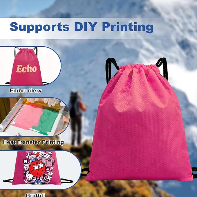 5-Pack Waterproof Drawstring Backpacks, Soccer-Texture Oxford Fabric, 16.9" × 13.8", Lightweight 0.20 lb Each, No Eyelets, Gym & Marathon Gear Sacks(Pink)