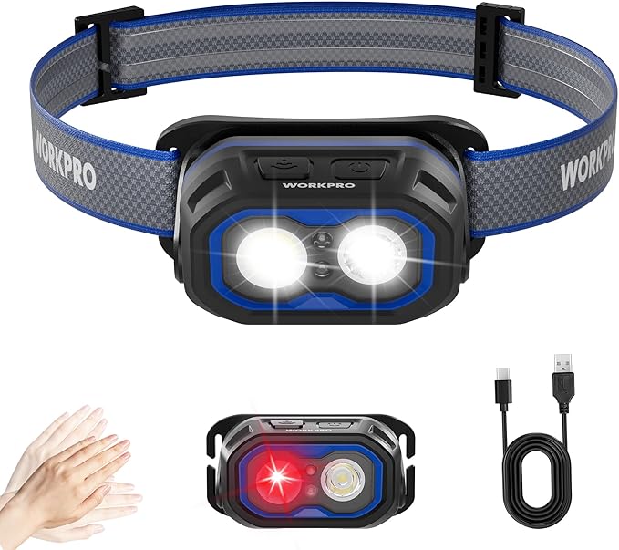 WORKPRO Rechargeable Headlamp, 1200LM Super Bright Head Lamp with White Red Light, Motion Sensor, Memory Function, Shockproof & IPX6 Waterproof Headlight for Camping, Hiking, Fishing, Repair