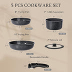 GiPP Ceramic Pots and Pans Set Non Stick, Nonstick Detachable Handle Cookware Sets, Non Toxic Induction Kitchen Pot and Pan with Removable Handle, Healthy RV Cookware, Dishwasher ＆Oven Safe, 5 Piece