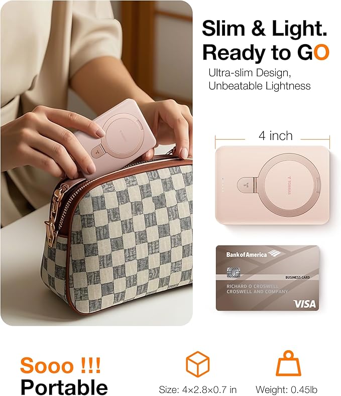 TORRAS EasyGo 10000mAh Magnetic Portable Charger Power Bank for iPhone, Fast Charging Travel Essential Wireless Battery Pack with Stand Compatible with Magsafe,17 Pro Max,Pro,16,15,14,13,12, Rose Gold