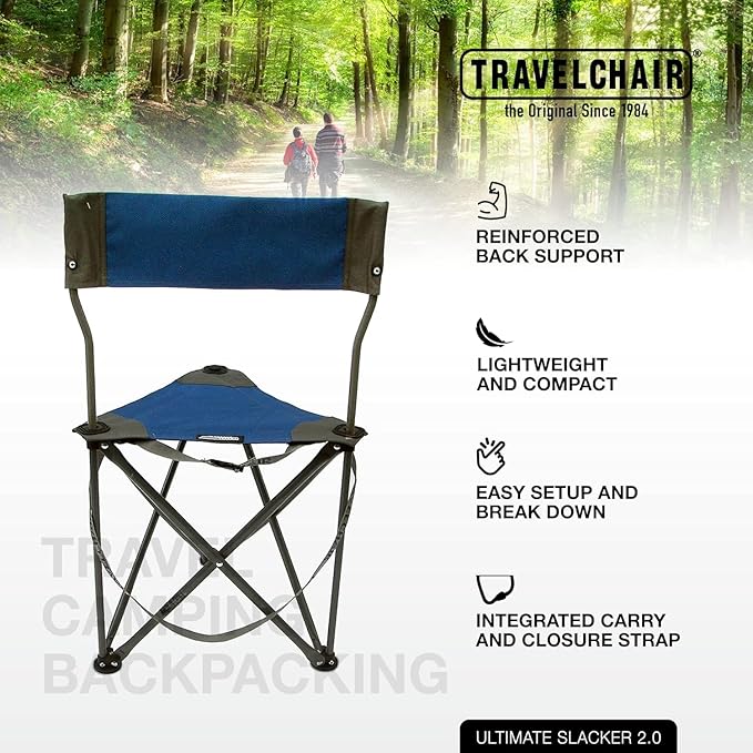 Travel Chair Ultimate Slacker, Quick Folding Tripod Stool with Backrest, Fishing Camping Hiking Chair with Carry Strap, Polyester, Blue