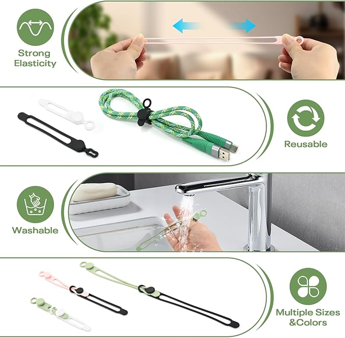 Silicone Cable Ties Reusable, Elastic Wire Organizer Ties, for Charging Cables, Electrical Cords, Computer Wires, USB Data Cable Management, Cord Organizer (6 Colors, 3 Sizes)