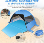 Large Easy Setup Beach Tent,Anti-UV Beach Shade Beach Canopy Tent Sun Shade with Extended Floor & 3 Mesh Roll Up Windows Fits 3-4 Person,Portable Shade Tent for Outdoor Camping Fishing