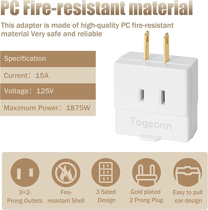 2-Prong 3-Outlet Polarized Wall Extender 2 Pack - Multi Plug Splitter Converter With 3 Side Outlets, Spaced Adapter for Old Home, Hotel - Non-Ground, White