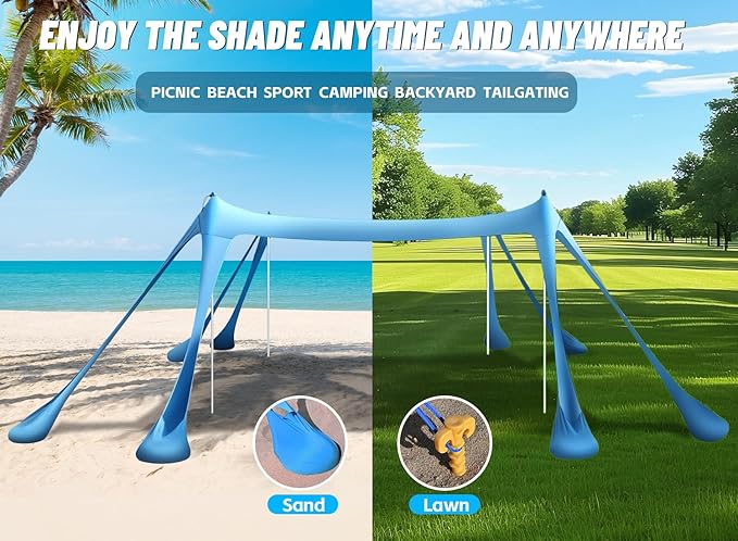 Beach Tent Sun Shelter & Portable Beach Canopy UPF50+ Uv Protection, Beach Shade Canopy/Cabana with 8 Sandbags, 4 Stability Poles, Sand Shovel Ground Pegs for Outdoor Camping