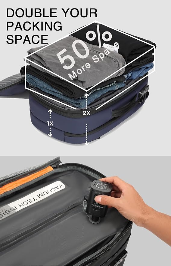 Vacuum Seal Travel Backpack 45L with Pump - Expandable Air Compression System, Water-Resistant Business TSA Lock, Laptop Backpack, Carry-On Suitcase Luggage, Gifts for Men