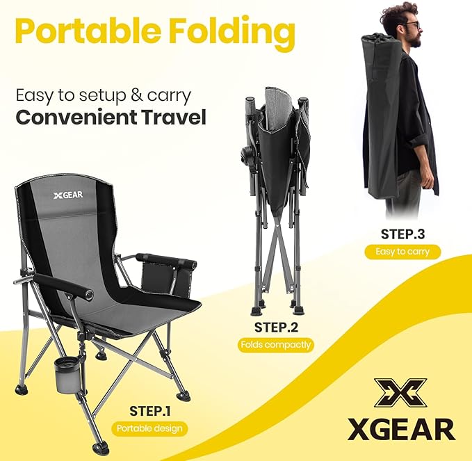 XGEAR Camping Chair with Padded Hard Armrest, Sturdy Folding Camp Chair with Cup Holder, Storage Pockets Carry Bag Included, Support to 400 lbs
