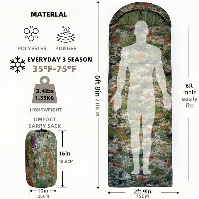 Sleeping Bags for Adults，Lightweight Waterproof Compact Sleeping Bag with Stuff Sack for Warm Camping Cold Hiking Traveling Outdoor Activities