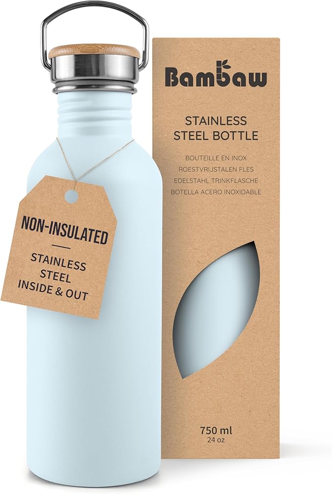 Bambaw Metal Water Bottle 750 ml, Light Blue Sports Bottle, Non-Insulated Water Bottle, Stainless Steel Bottle 750 ml, Stainless Steel Bottle – Nordic Blue