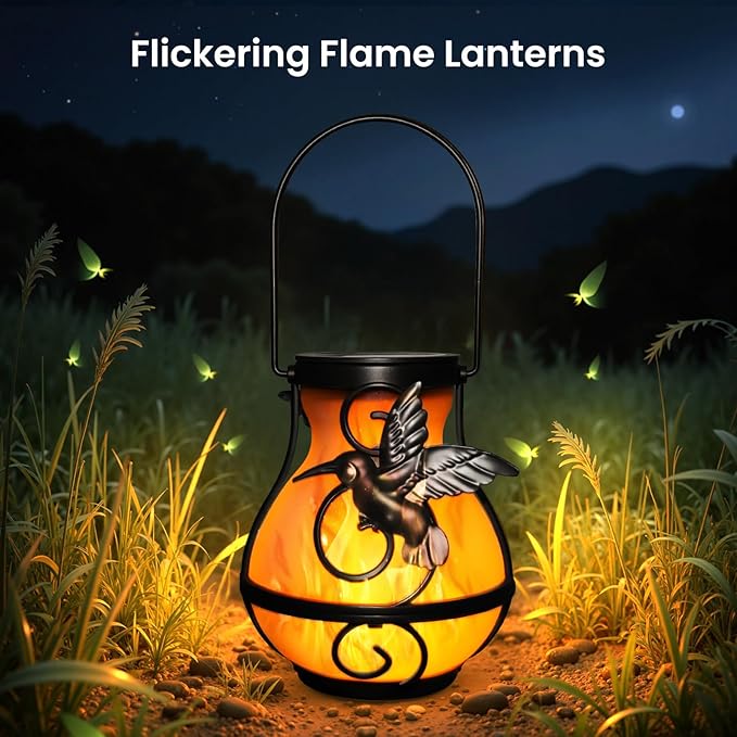 X-PREK 2 Pack Solar Lanterns Outdoor Waterproof Hummingbird Hanging Solar Lantern Flickering Flame Lights Solar Powered Lamps Garden Patio Porch Decoration(Plastics)