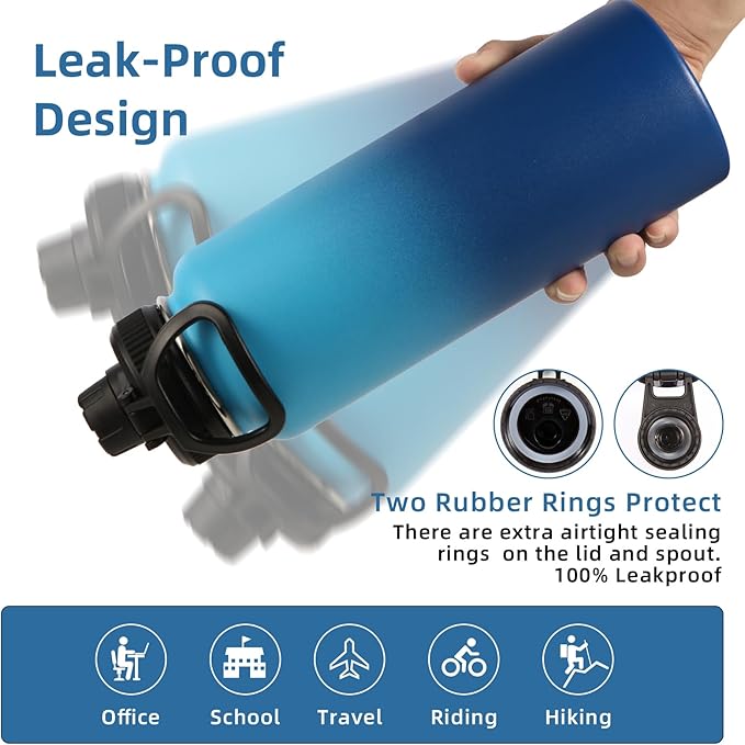 Volhoply 40 oz Insulated Water Bottles Paracord Handle, Stainless Steel Sports Bottle with Spout Lid,Vacuum Metal Travel Water Cups with Wide Mouth,Reusable Water jug for Hiking(Green Blue,1 Set)