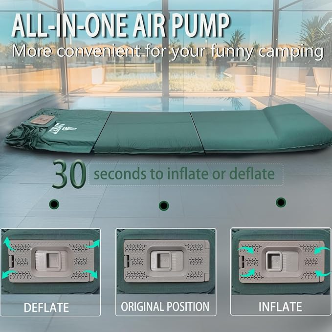 LINKET Self Inflating Sleeping Pad: Sleeping Pad with Electric Pump 3.2" Ultra-Thick Memory Foam & Built-in Pillow All Season Camping Mattress for Tent Travel Car - Self Inflating Air Mattress Green