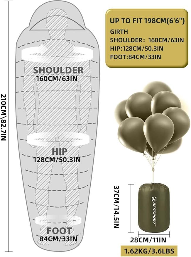 Bessport Mummy Sleeping Bag | 15-45 ℉ Extreme 3-4 Season Sleeping Bag for Adults Cold Weather– Warm and Washable, for Hiking Traveling & Outdoor Activities