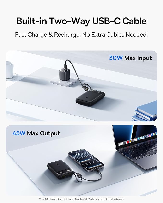 Baseus 100W PD 5A QC 4.0 Fast Charging USB C to C Cable, Bundle with 20000mAh Compact Portable Charger 45W, CCC Certified Power Bank Built-in USB-C Cables