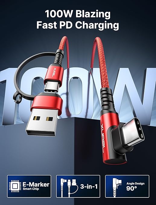 JSAUX 100W USB C Cable [2-Pack 6.6FT], Right Angle Fast Charging Cord with USB A to C Adapter for iPhone Air/iPhone 17/ iPhone 17 Pro/iPhone 17 Pro Max, iPhone 16/15, Samsung, MacBook, iPad - Red