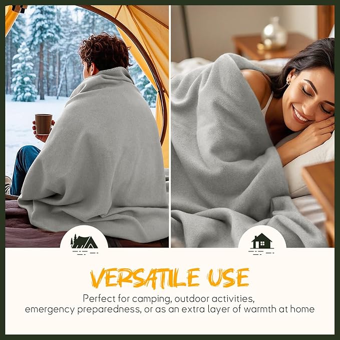 Merino Wool Blend Camping Blanket Ultra Warm, Moisture Wicking, Portable Outdoor Blanket for Camping, RV Trips, Adventures, Picnic, Bushcraft Survival Kits, Large 86"x62"