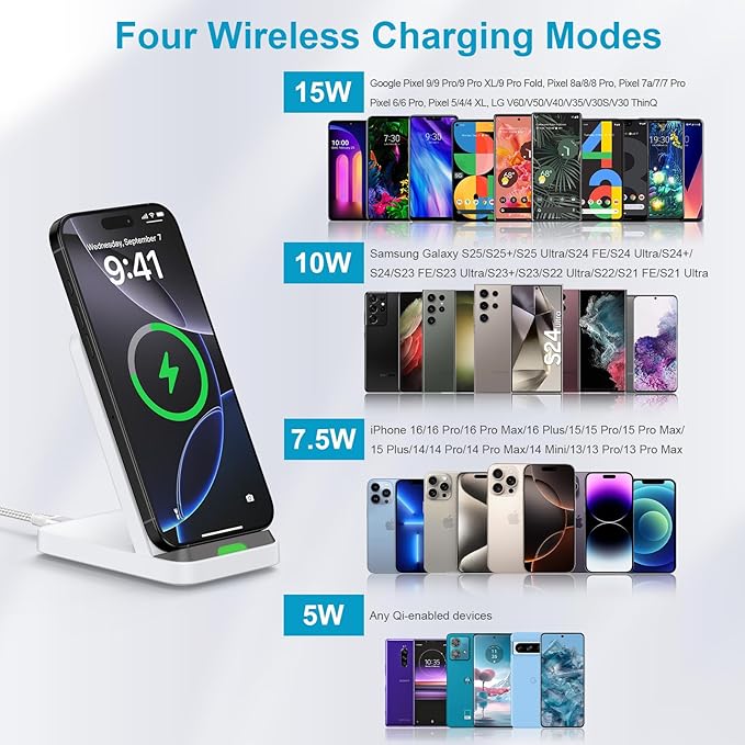 Fast Wireless Charging Station for Google Pixel 10/9a/9/9 Pro/9 Pro XL/Fold/8 Pro/8a/8/7 Pro, Android Phone Wireless Charger Stand Desk with QC3.0 Adapter for Samsung Galaxy S25/S24 Ultra iPhone 17 16