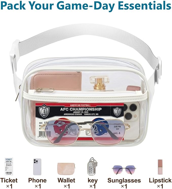 Veckle Clear Fanny Pack Stadium Approved - Plus Size 35-51 Inch Adjustable Strap Transparent Belt Bag for Women Men Fits 7.5" Smartphone, Crossbody Clear Bag for Stadium Events Sports Concerts, White