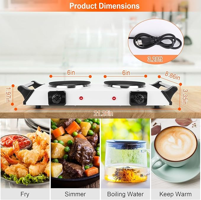 Hot Plate, 2000W Portable Electric Double Burner W/5 Level Temperature Control & Stay Cool Handles, Easy to Clean, Lightweight Cast Iron Electric Stove for Kitchen Camping Cooking, 110V