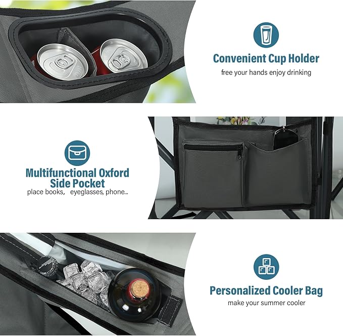 Oversized High-Back Camping Chairs with Pillow, Dual Cup Holders & Cooler Bag - Heavy Duty Foldable Outdoor Chair for Adults4PC (1, BLACKGREY-4PC-SET)