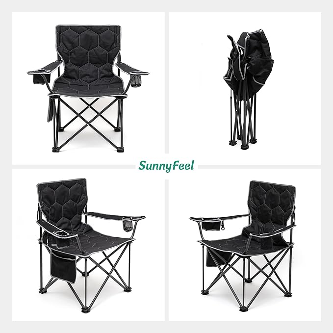 SUNNYFEEL Oversized Folding Camping Chair 500 LBS Heavy Duty Lawn Chairs with Black Portable Folding with Armrest, Cup Holder, Pocket ＆Bag for Outdoor Camping/Beach/Travel/Picnic/Fishing