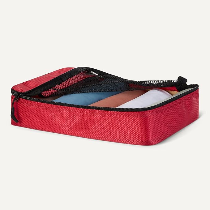 Amazon Essentials 4-Piece Packing Cubes Travel Accessories Set, Luggage Organizer with Double Zipper, Mesh Top, 100% Polyester, Medium, Red (Previously Amazon Basics)