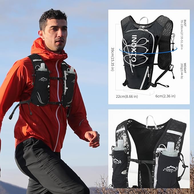 Running Vest for Women Men, Adjustable Chest Straps Running Hydration Vest with 500ml Soft Flask, Lightweight Breathable Reflective Hydration Backpack for Hiking