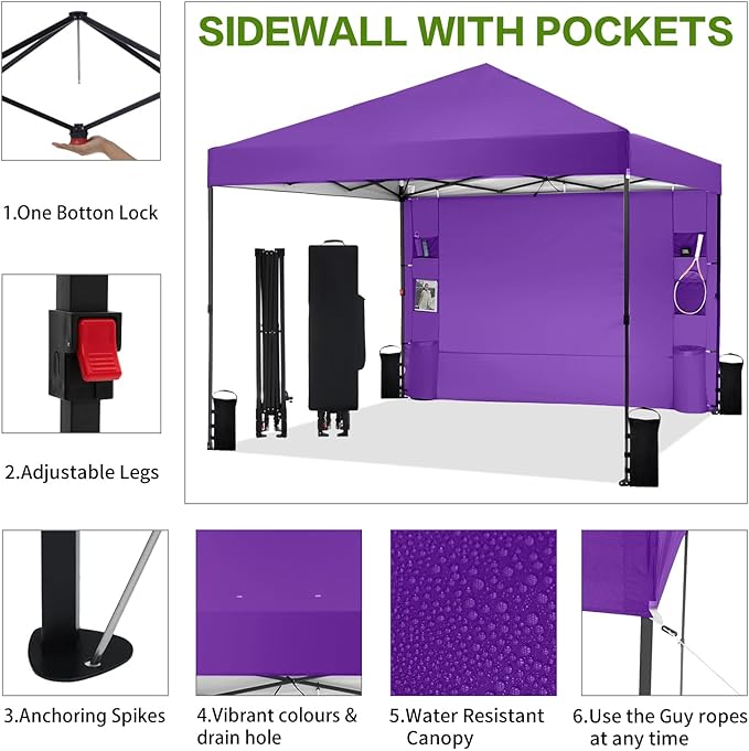 10'x10' Pop Up Canopy Tent with 1 Sidewall and 6 Pockets, One Push Setup, Instant Shade Tent with Vented Roof for Beach Patio Outdoor, Case, 8 Stakes, 4 Ropes, 4 Sandbags (Purple, 10x10)