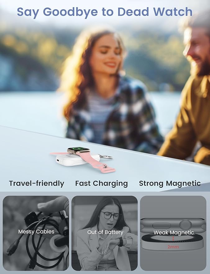 RORRY CharmGo Portable Charger for Apple Watch, 2500mAh Fast Charging for iWatch Charger, Travel Essentials Gifts with Built-in USB C Cable for Apple Watch Series 11 10 9 8 7 Ultra 3 2 SE, Off-White