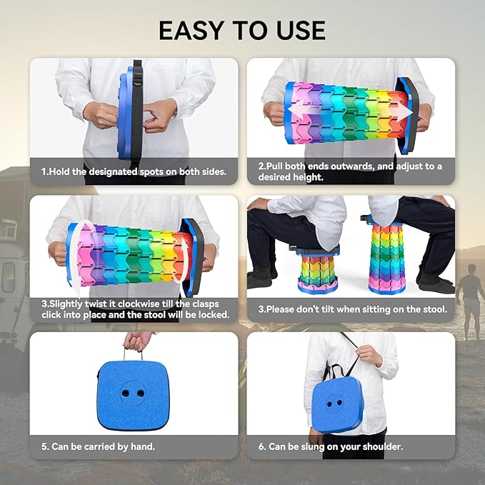 Upgraded Collapsible Stool, Portable Folding Stool, Telescoping Camping Chair with Max Load Capacity 485lbs, Square Retractable Stool for Camping Gardening Fishing Hiking BBQ [Rainbow+Blue]