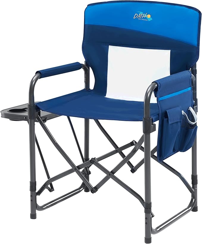 Camping Chairs Directors Chair with Side Table, Mesh Backrest Folding Lawn Chairs with Pocket, Foldable Camp Chair for Outdoor, Picnic, Sports and Fishing, Blue