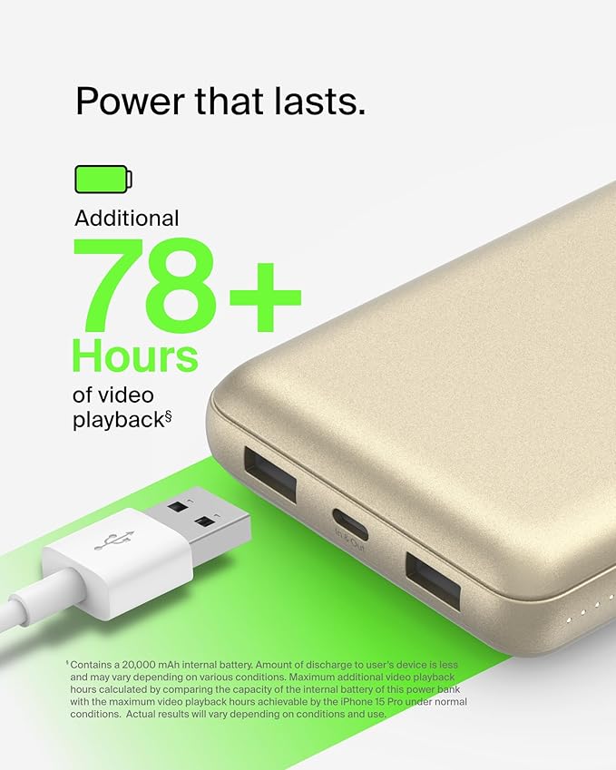 Belkin Portable Charger, USB-C Power Bank 20000 mAh w/ 2xUSB-A Ports, 15W w/Type-C to Type-A Cable for iPhone 17, Air, Samsung Galaxy S25, Pixel, iPad, Nintendo Switch 2, Google Pixel 10, etc. - Gold