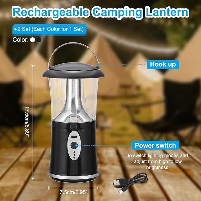 PATIKIL LED Camping Lantern, 2 Pack Vintage Rechargeable Lantern 3 Light Modes Portable Hanging Outdoor Tent Light for Camping, Hiking, Fishing, Black White
