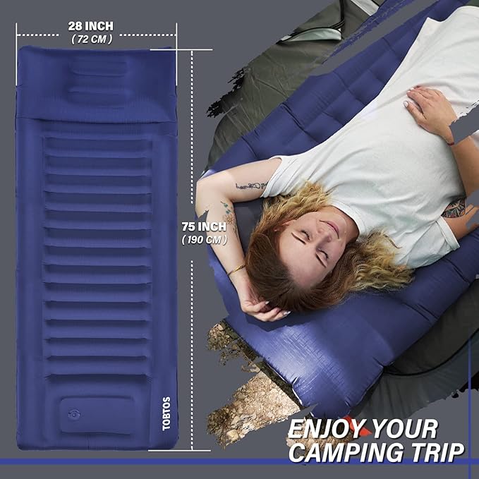 TOBTOS Inflatable Camping Sleeping Pad with Pillow, Thick 6 Inch Ultralight Sleeping Pad with Built-in Pump, Lightweight Sleeping Mat for Camping, Backpacking, Hiking, Tent (Blue)